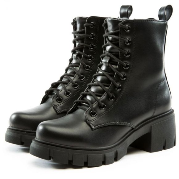 New Black Lace Up Combat Military Ankle Boots Booties - Picture 1 of 6